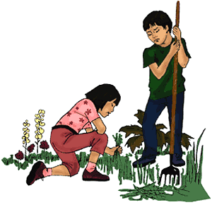肯和艾米在花园里除杂草