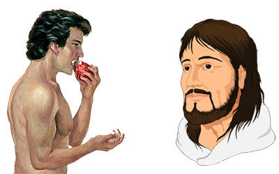 The first man, Adam, disobeyed God and brought sin and death into the world (graphic copyrighted by New Tribes Mission; used by permission); God's Second Man, Jesus Christ, removed the great barrier of sin that stood between God and man